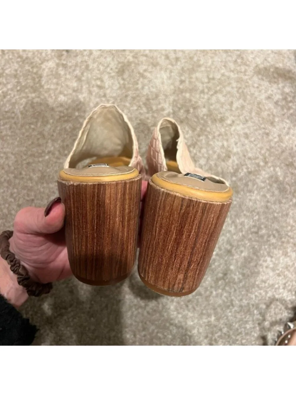 Tan Brown Woven Faux Leather Square Toe Block Mule Sandals Size 6.5